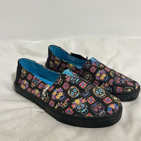 TOMS Alpargata Cupsole Size 6 Black Glow in Dark Dia De Los Muertos Skull Floral - Picture 1 of 7